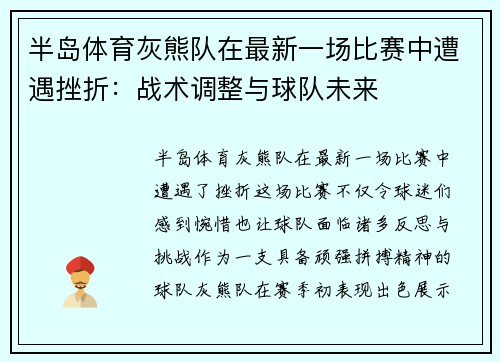 半岛体育灰熊队在最新一场比赛中遭遇挫折：战术调整与球队未来
