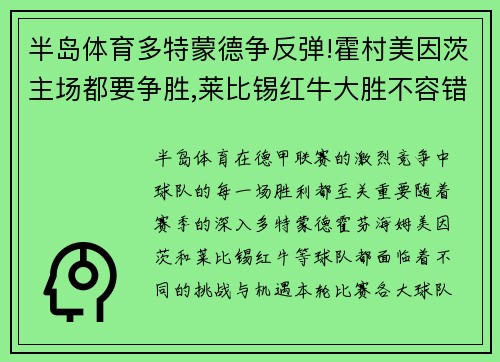 半岛体育多特蒙德争反弹!霍村美因茨主场都要争胜,莱比锡红牛大胜不容错过 - 副本