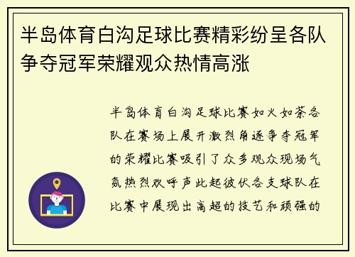 半岛体育白沟足球比赛精彩纷呈各队争夺冠军荣耀观众热情高涨