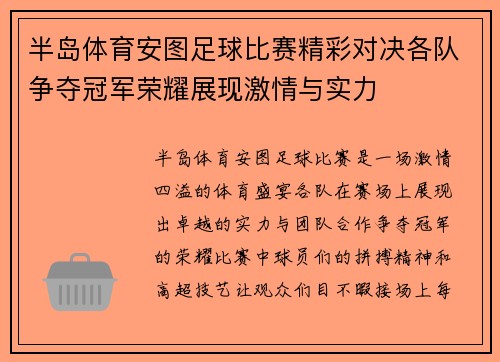 半岛体育安图足球比赛精彩对决各队争夺冠军荣耀展现激情与实力