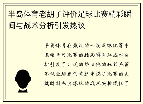 半岛体育老胡子评价足球比赛精彩瞬间与战术分析引发热议