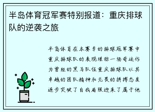 半岛体育冠军赛特别报道：重庆排球队的逆袭之旅