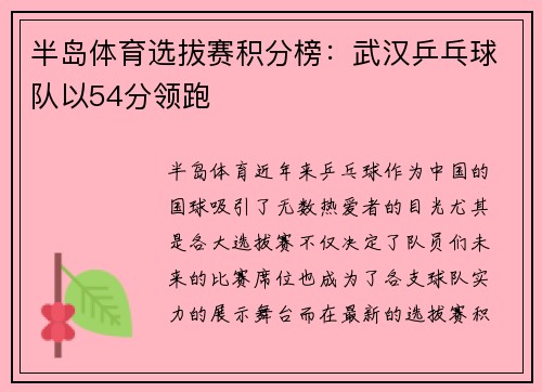 半岛体育选拔赛积分榜：武汉乒乓球队以54分领跑