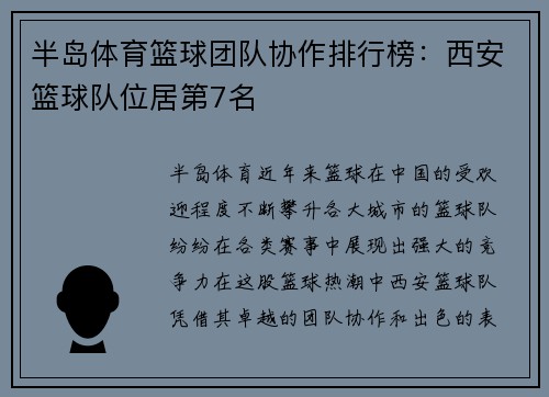 半岛体育篮球团队协作排行榜：西安篮球队位居第7名