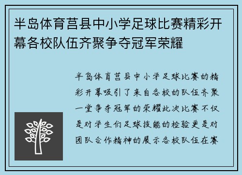 半岛体育莒县中小学足球比赛精彩开幕各校队伍齐聚争夺冠军荣耀