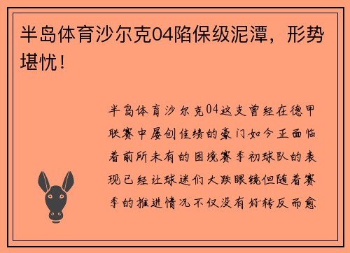 半岛体育沙尔克04陷保级泥潭，形势堪忧！