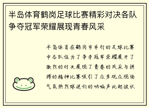 半岛体育鹤岗足球比赛精彩对决各队争夺冠军荣耀展现青春风采