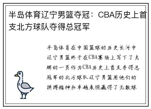 半岛体育辽宁男篮夺冠：CBA历史上首支北方球队夺得总冠军