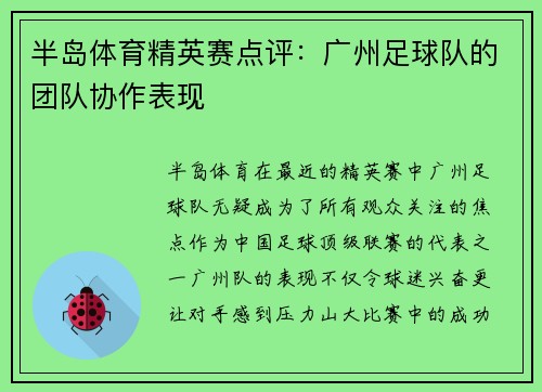 半岛体育精英赛点评：广州足球队的团队协作表现