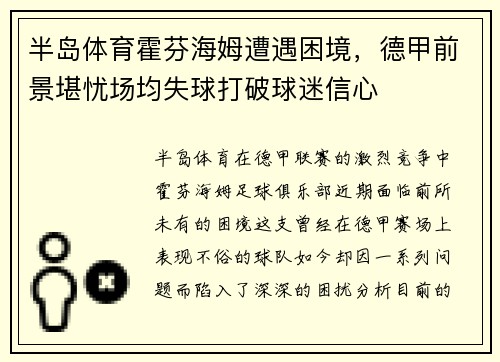 半岛体育霍芬海姆遭遇困境，德甲前景堪忧场均失球打破球迷信心